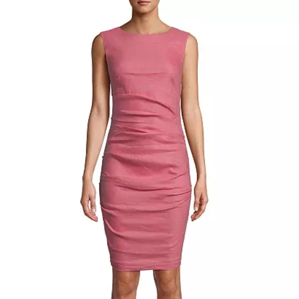 VGUC pink linen blend Nicole Miller sleeveless ruched midi sheath dress